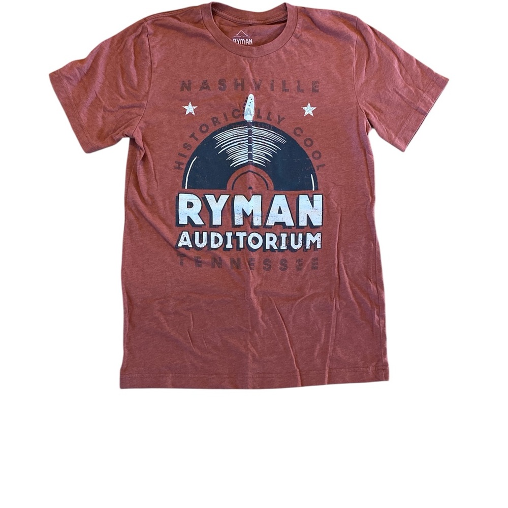 Authentic Terracotta Rust Short Sleeve Tee with Vintage Ryman Auditorium | M